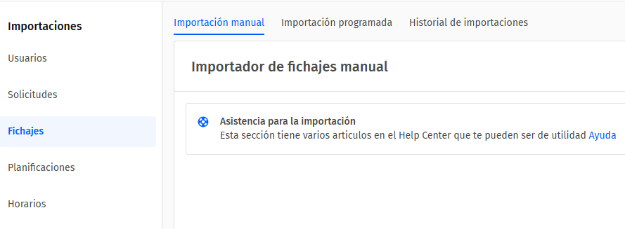 Pantalla importación de fichajes manual