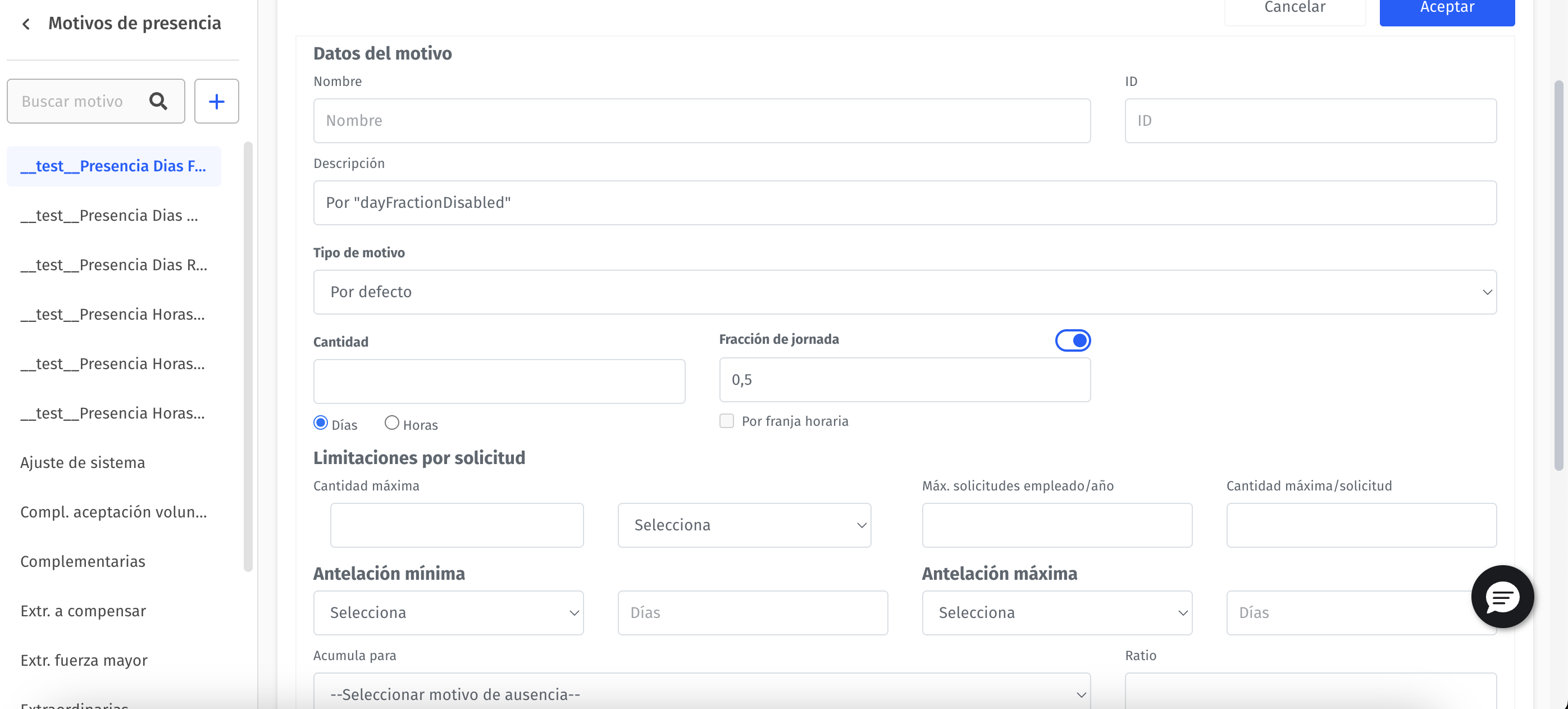 Configuración - Convenios - Motivo - Configuración