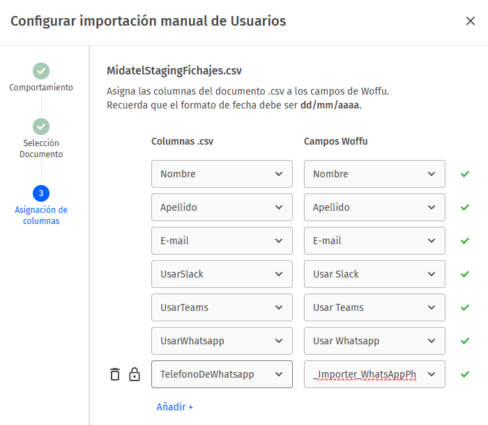 Mapeo de campos de fichajes