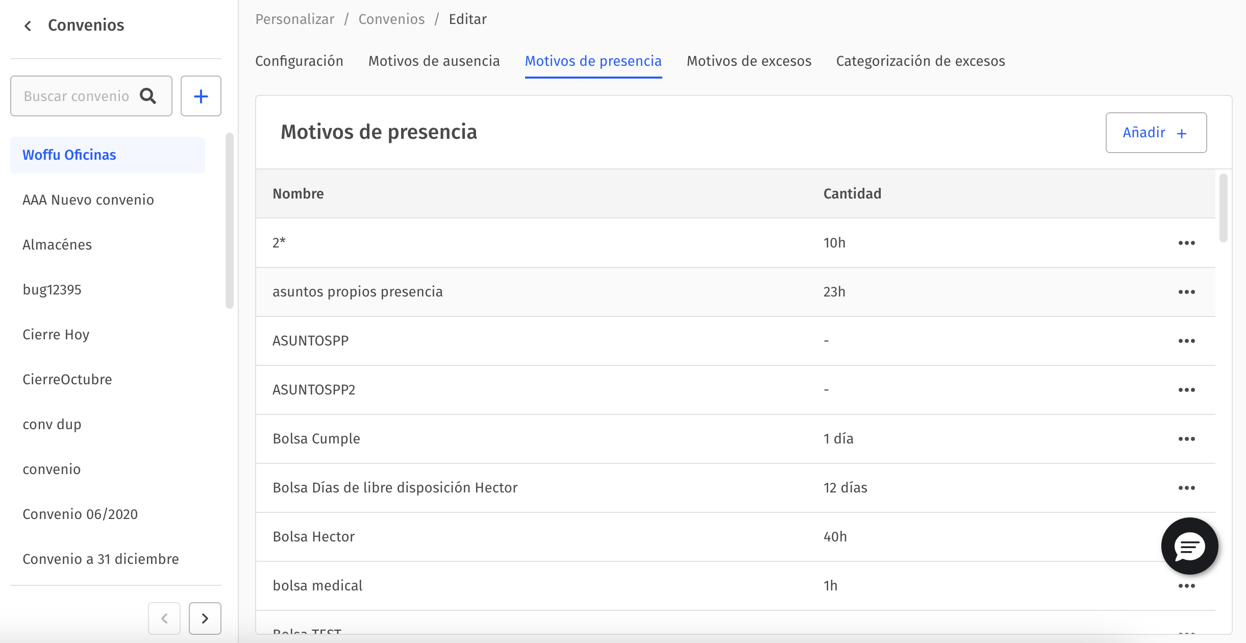 Configuración - Convenios - Motivo - Configuración