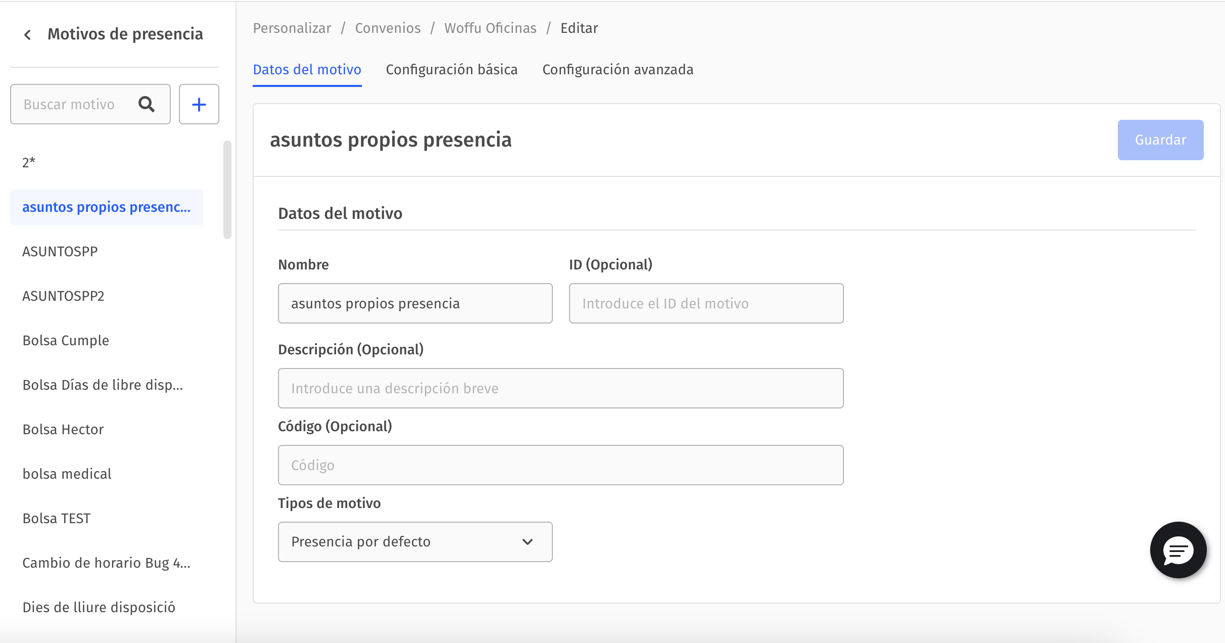 Configuración - Convenios - Motivo - Configuración